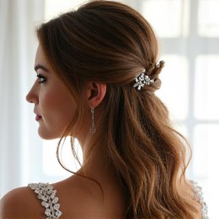 Romantische halboffene Brautfrisur mit Locken und Haarschmuck