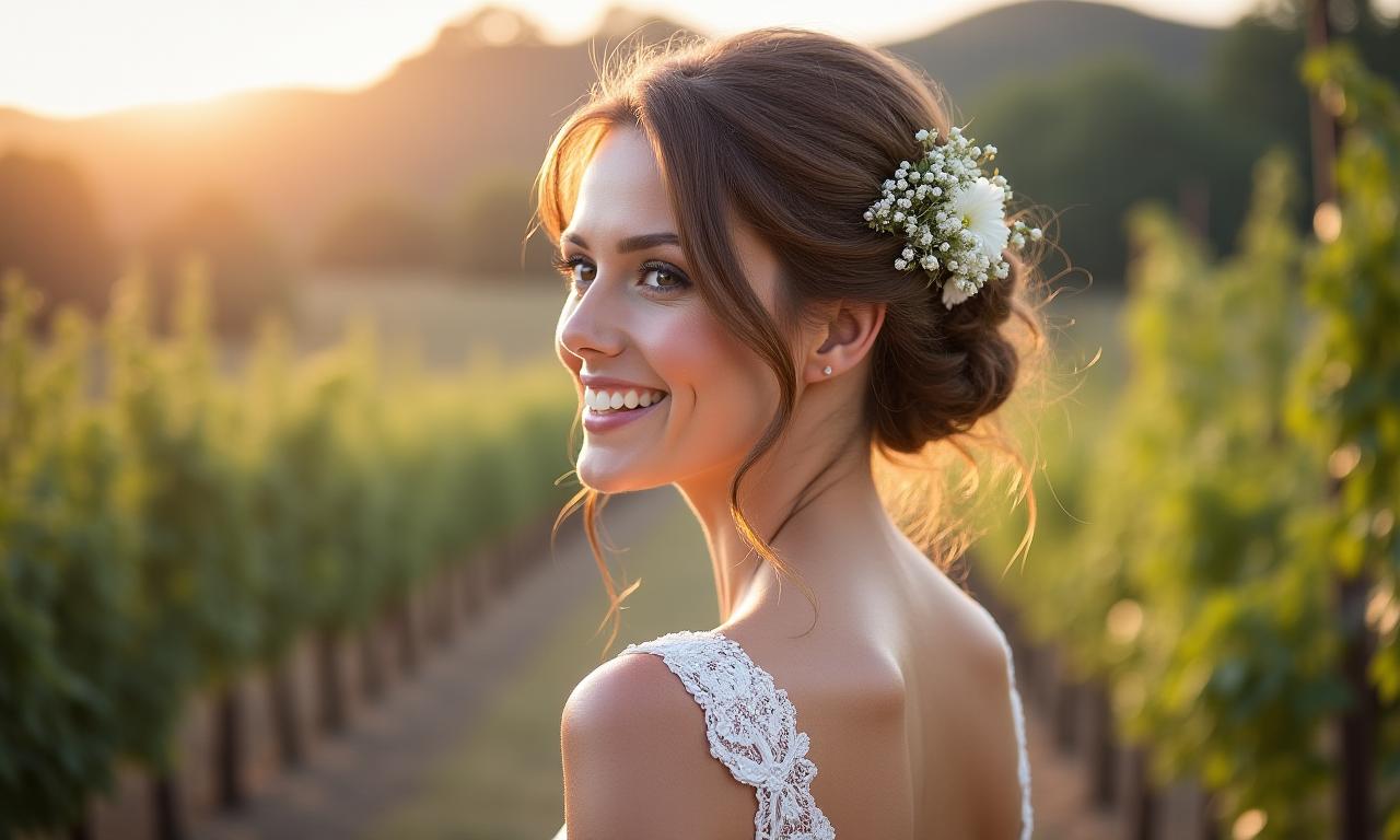 Braut mit eleganter Hochsteckfrisur, Blumen im Haar, schaut über die Schulter, strahlt am Hochzeitstag.