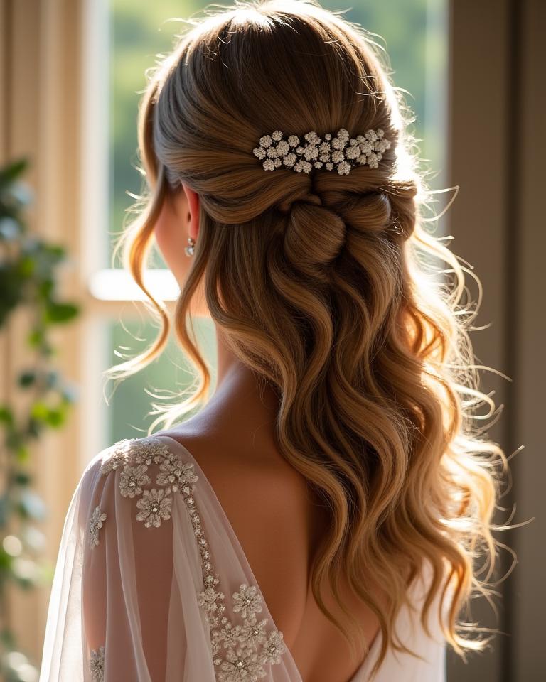 Brautfrisur mit sanften Wellen und Haarschmuck