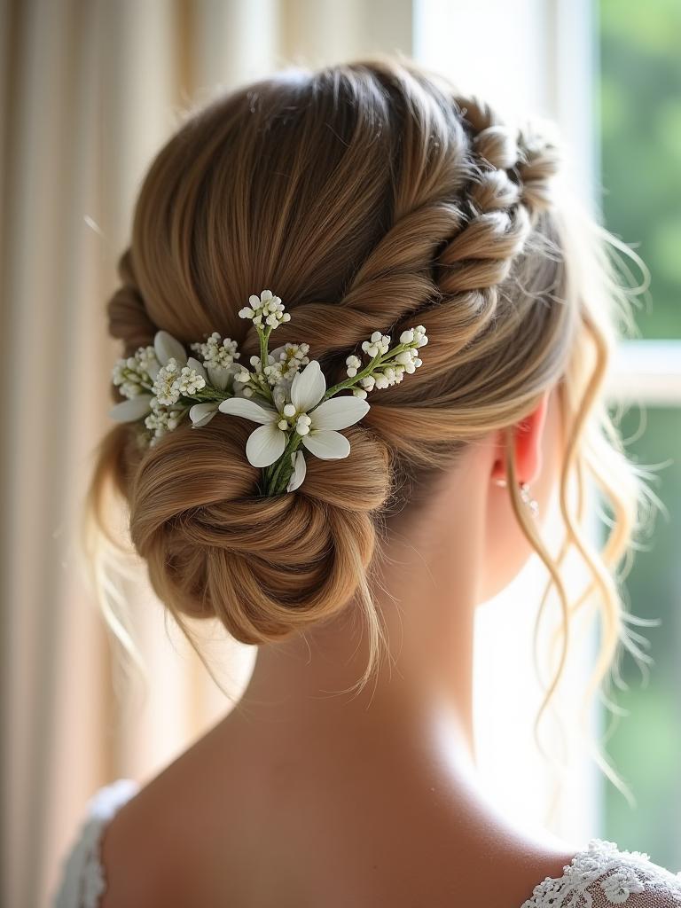 Romantisches Braut-Updo mit zarten Blumenapplikationen
