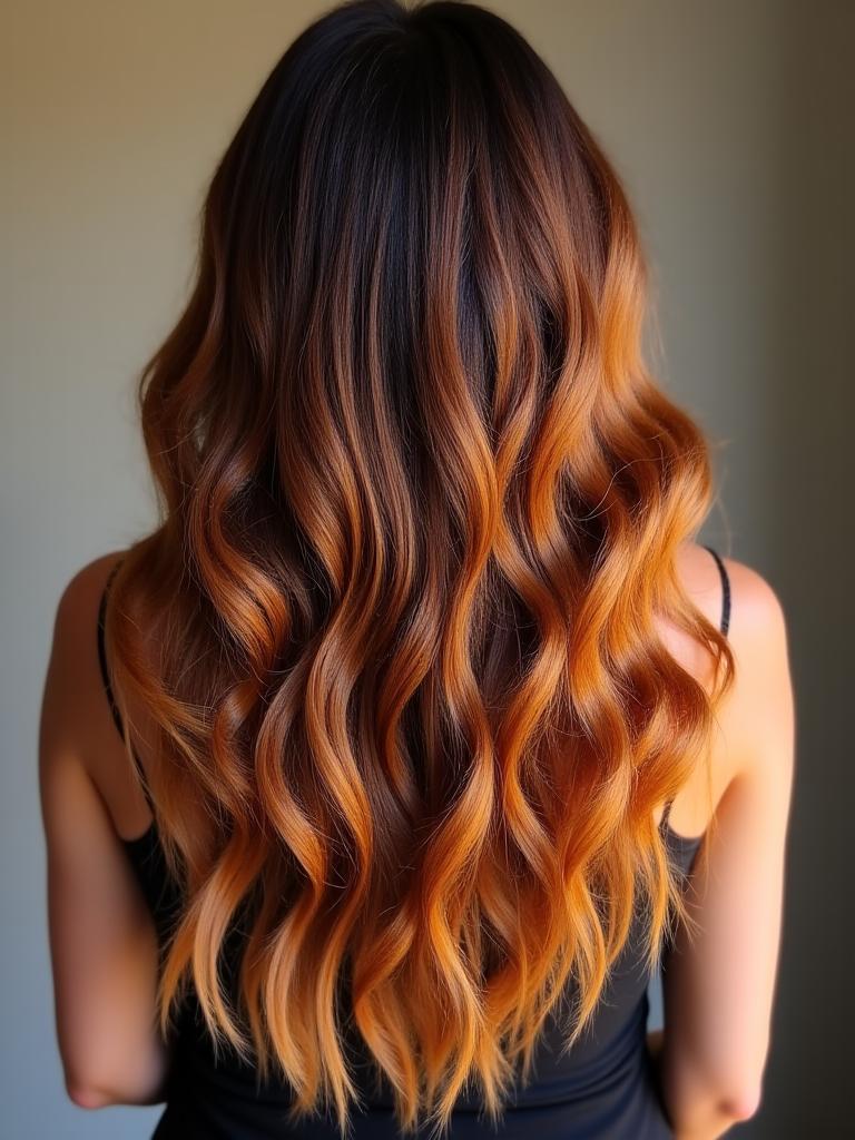 Warmes Karamell-Balayage auf dunklem Haar