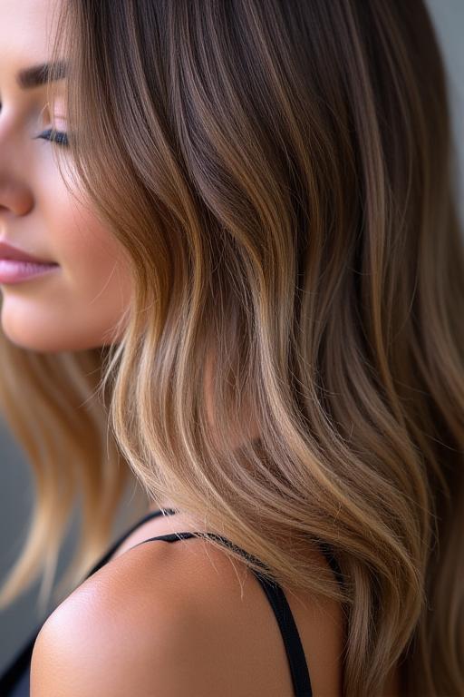 Close-up of a perfectly executed balayage with natural, flowing waves.