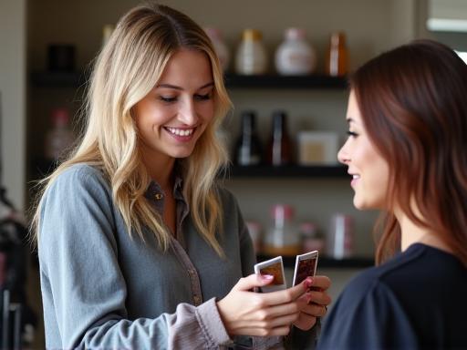 Hair stylist consulting with a client, showing color swatches.