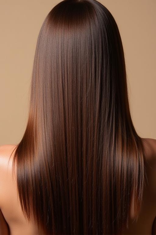 Hair shining brilliantly after a glossing treatment, showing healthy texture.