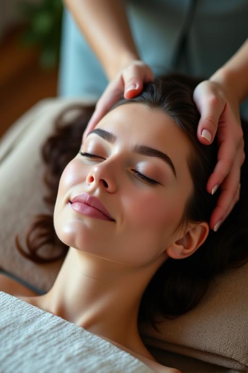 Close-up of a person receiving a relaxing scalp treatment.