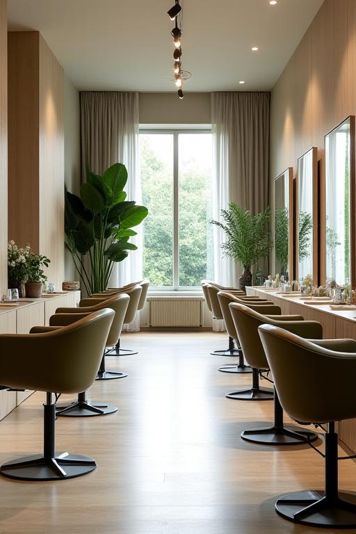 Elegant and modern salon interior with natural light and minimalist decor.